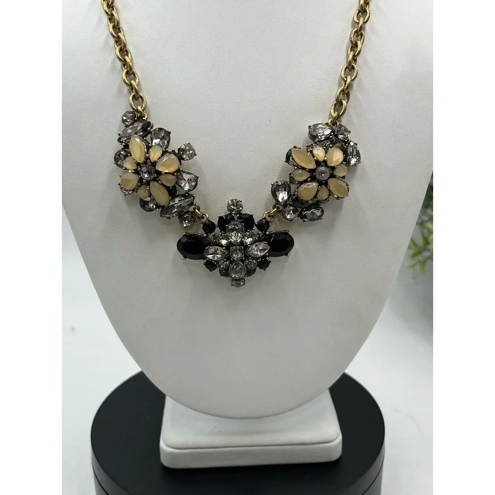 J. Crew Black Gray and Taupe Clear‎ Rhinestone Cluster Statement Necklace